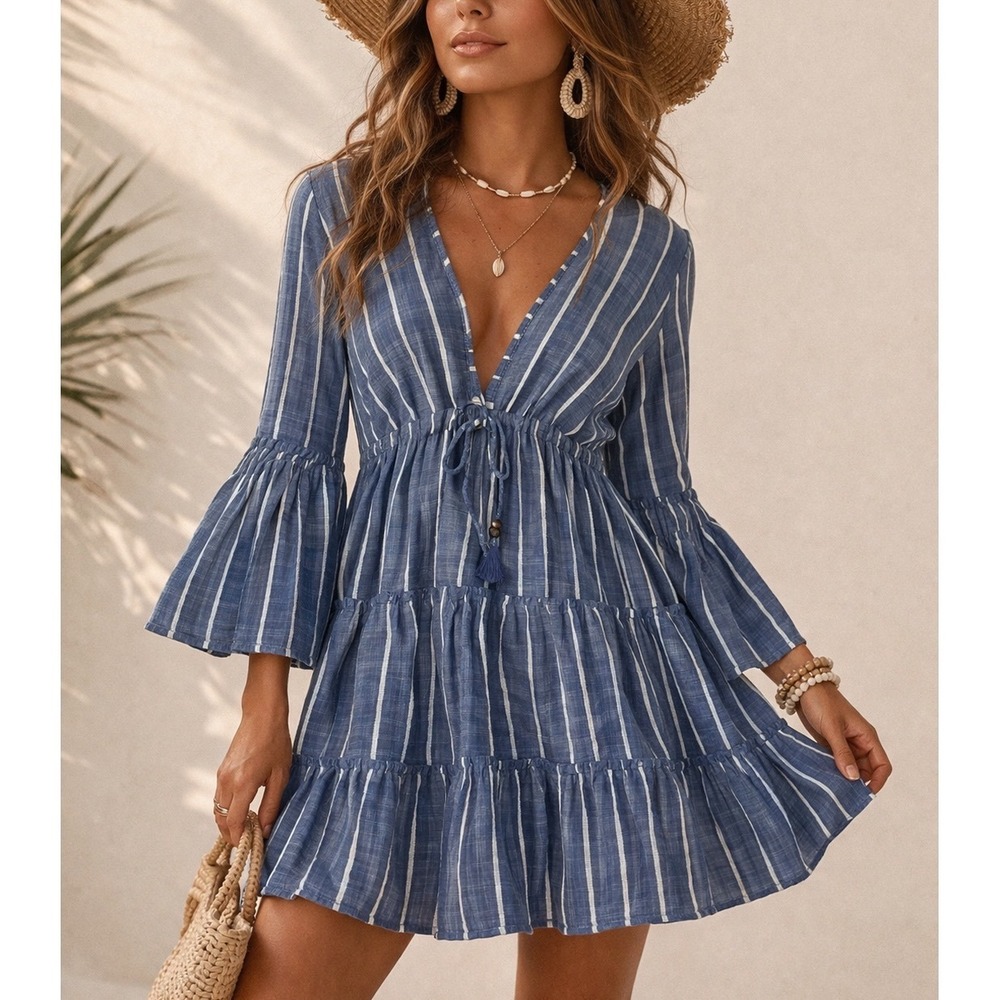 Blue Island Striped Bell Sleeve Tiered Mini Dress Blue White Boho Tassel S F3